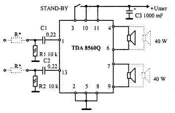 Принципиальная схема усилителя 2x40W на TDA 8560 Q